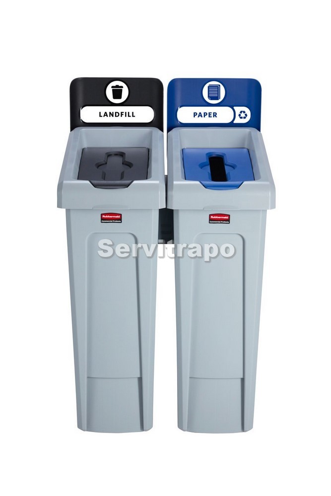 Kit de estación de reciclaje Slim Jim de 2 contenedores con tapa abierta y de papel