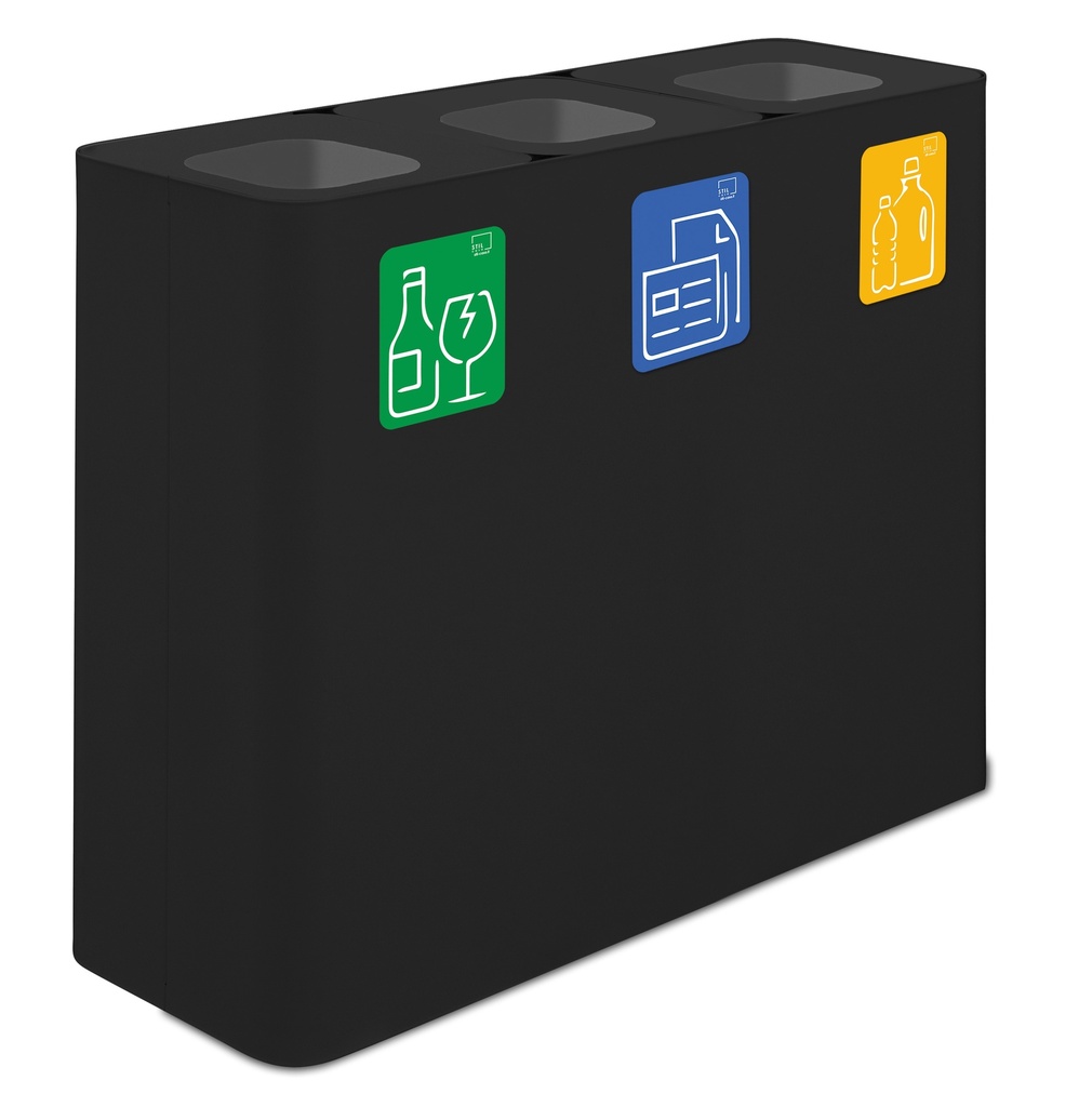 PAPELERA ESTACIÓN DE RECICLAJE PURE 180 L (60 L+60 L+60 L)ACERO PINTADO NEGRO