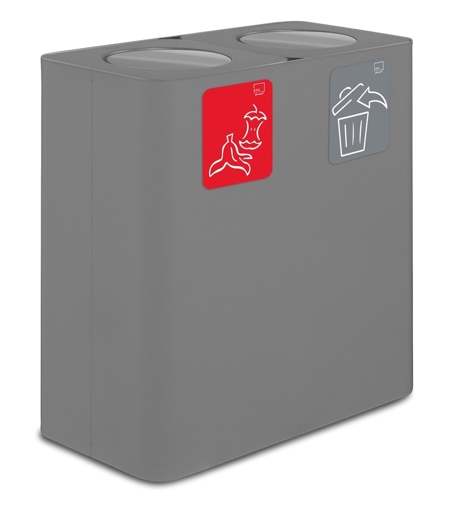 PAPELERA ESTACIÓN DE RECICLAJE PURE CON TAPA ABATIBLE 200 L (100 L+100 L) ACERO PINTADO GRIS