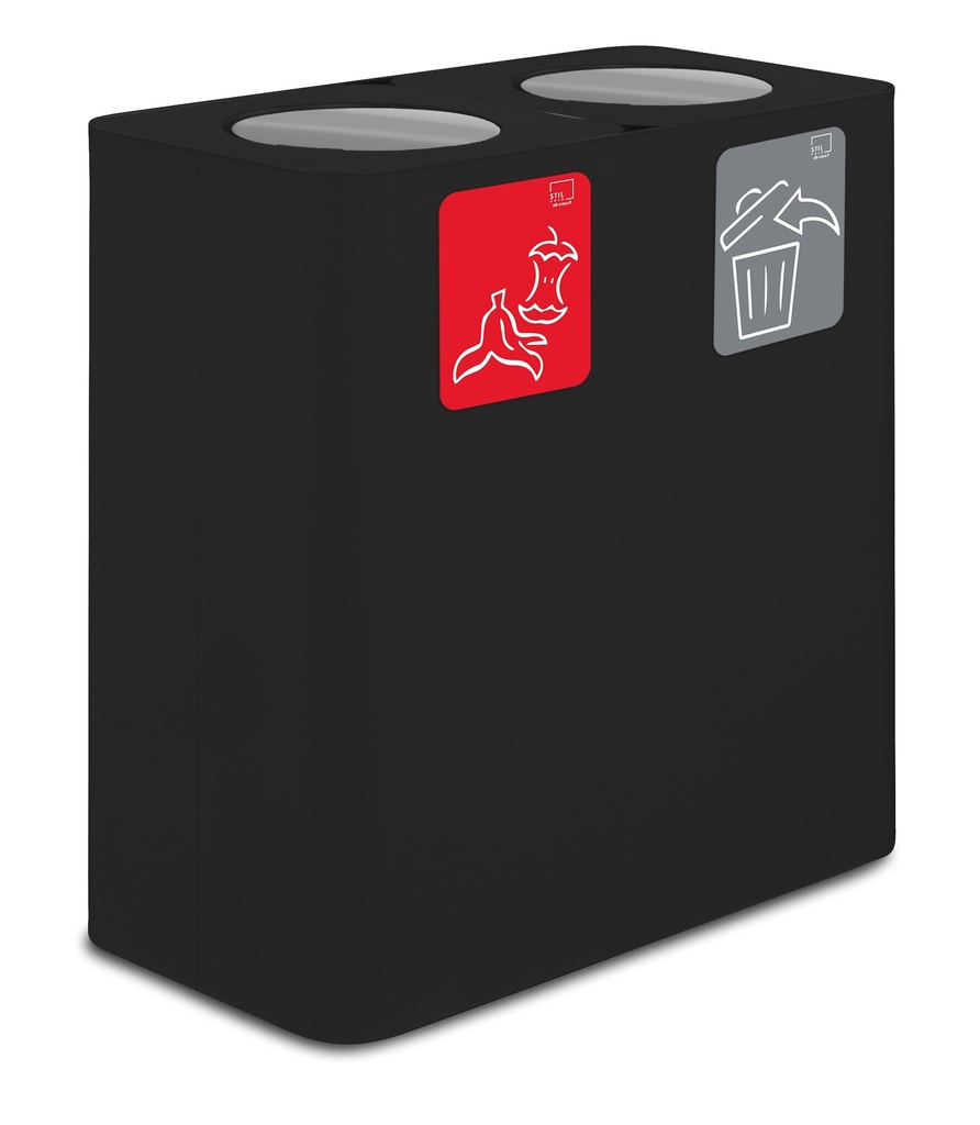 [PU200F-BA-N] Papelera Estación De Reciclaje Pure Con Tapa Abatible 200 L 100 L+100 L Acero Pintado Negro