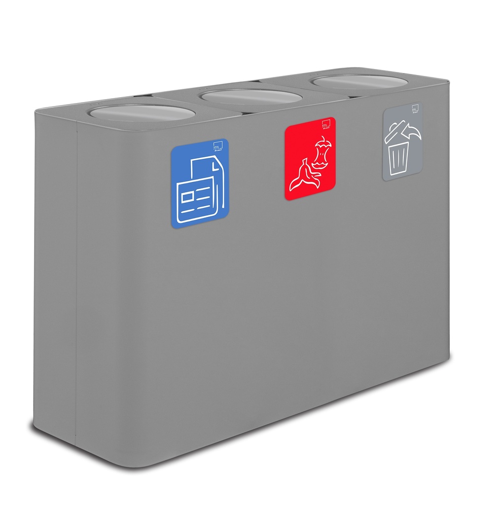 PAPELERA ESTACIÓN DE RECICLAJE PURE TAPA ABATIBLE 300 L (100 L+100 L+100 L) ACERO PINTADO GRIS