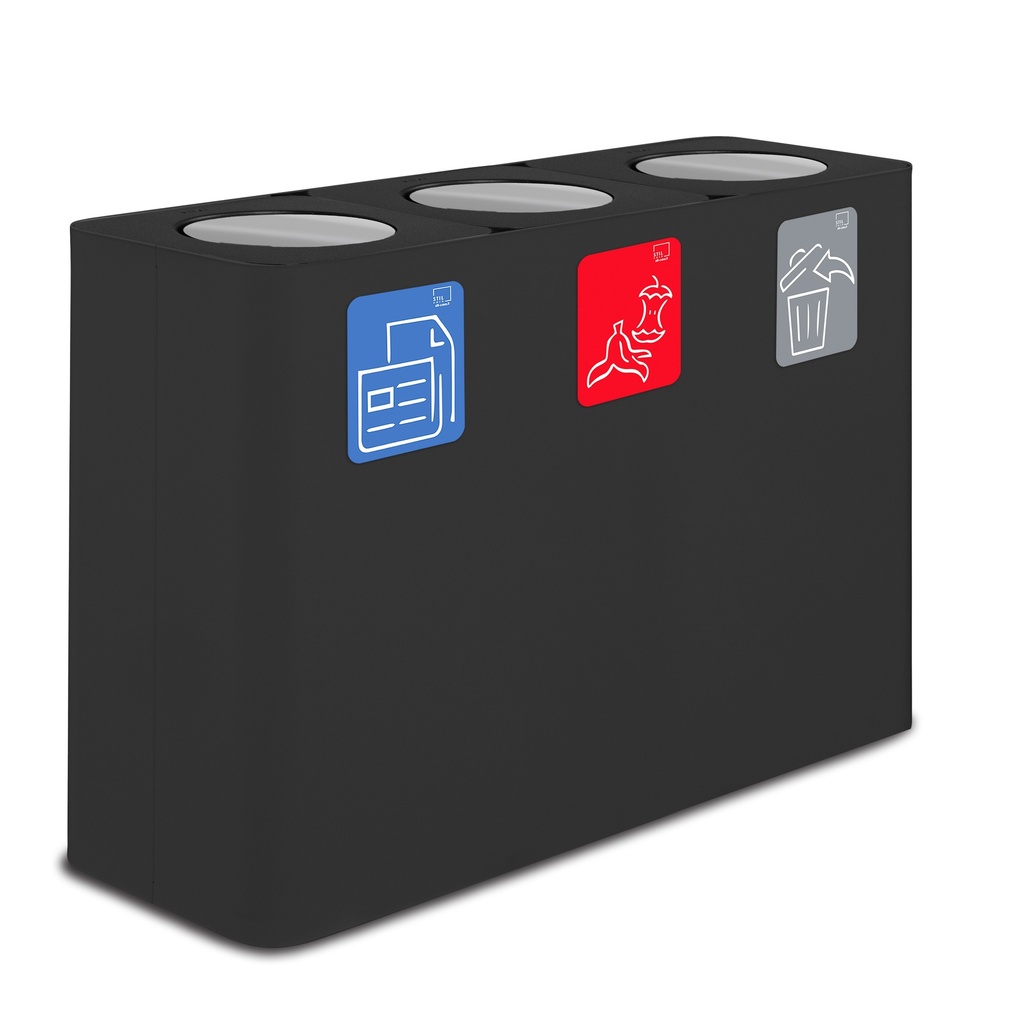 PAPELERA ESTACIÓN DE RECICLAJE PURE TAPA ABATIBLE 300 L (100 L+100 L+100 L) ACERO PINTADO NEGRO