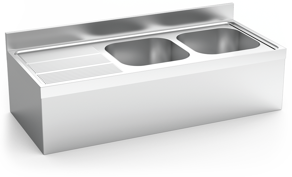 Fregadero inox colgante con faldón serie 700 2 cubetas 1 escurridor izquierda