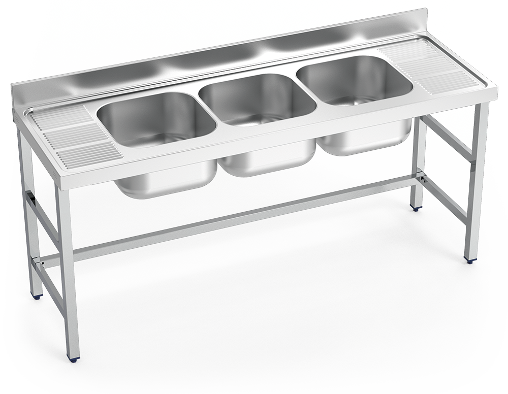 Fregadero inox con soporte sin entrepaño serie 700 3 cubetas 2 escurridores