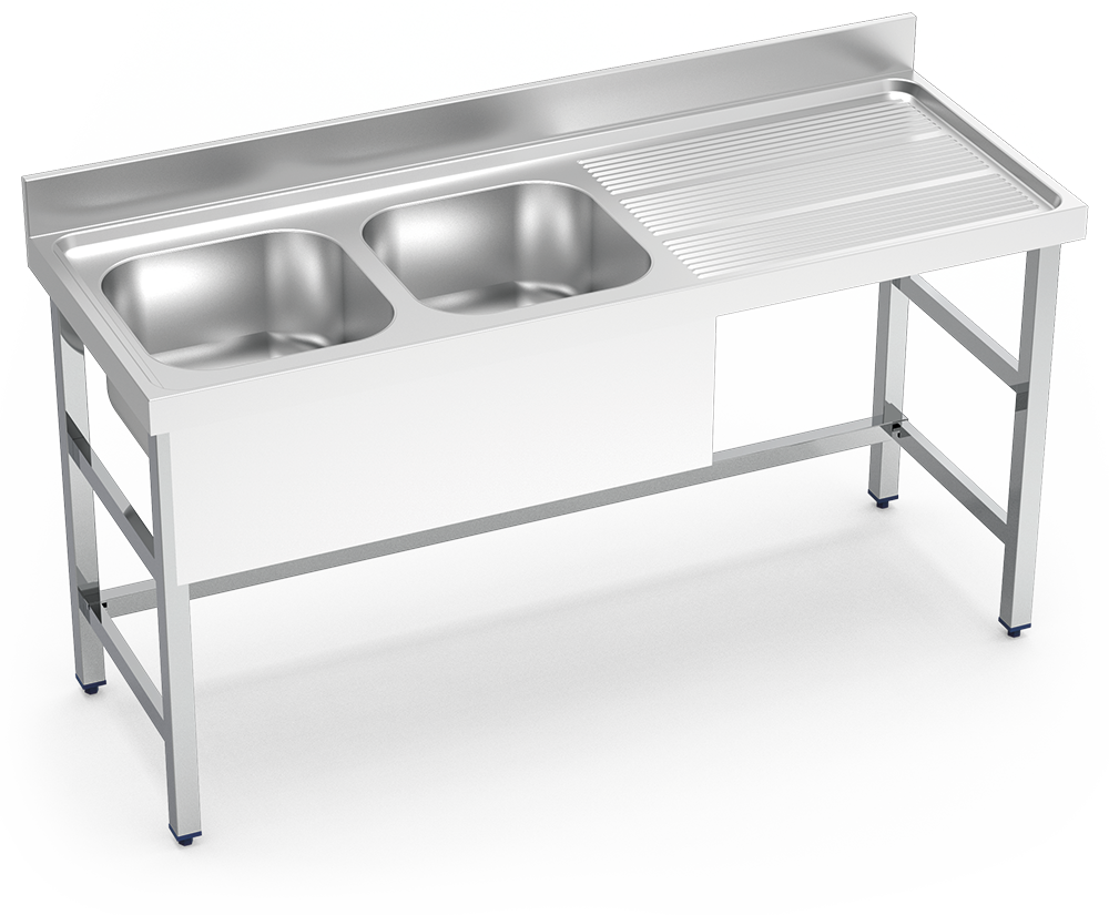 [054832] Fregadero inox con soporte sin entrepaño serie 600 2 cubetas 1 escurridor derecha faldón parcial