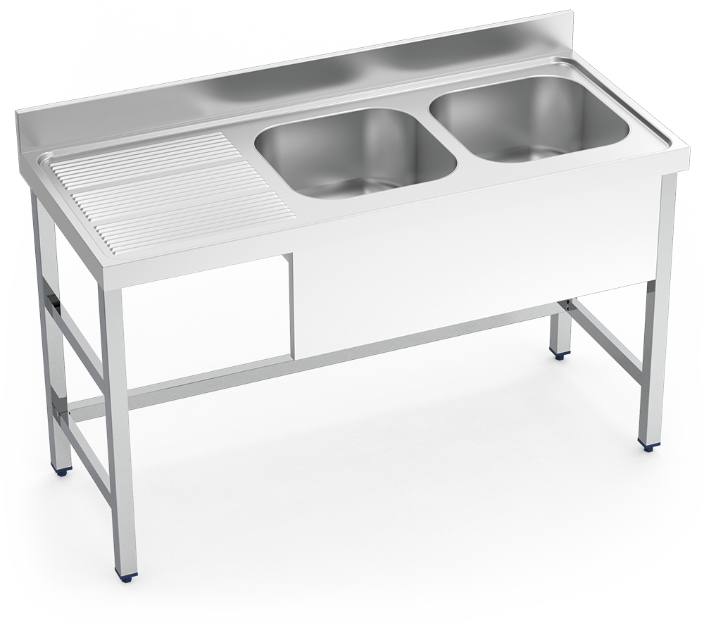 [054834] Fregadero inox con soporte sin entrepaño serie 600 2 cubetas 1 escurridor izquierda faldón parcial