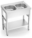 Fregadero inox con soporte con entrepaño serie 500 2 cubetas faldón completo
