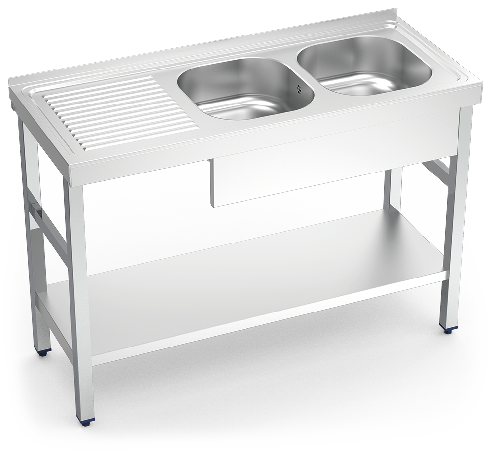 [050838] Fregadero inox con soporte con entrepaño serie 500 2 cubetas 1 escurridor izquierda faldón parcial