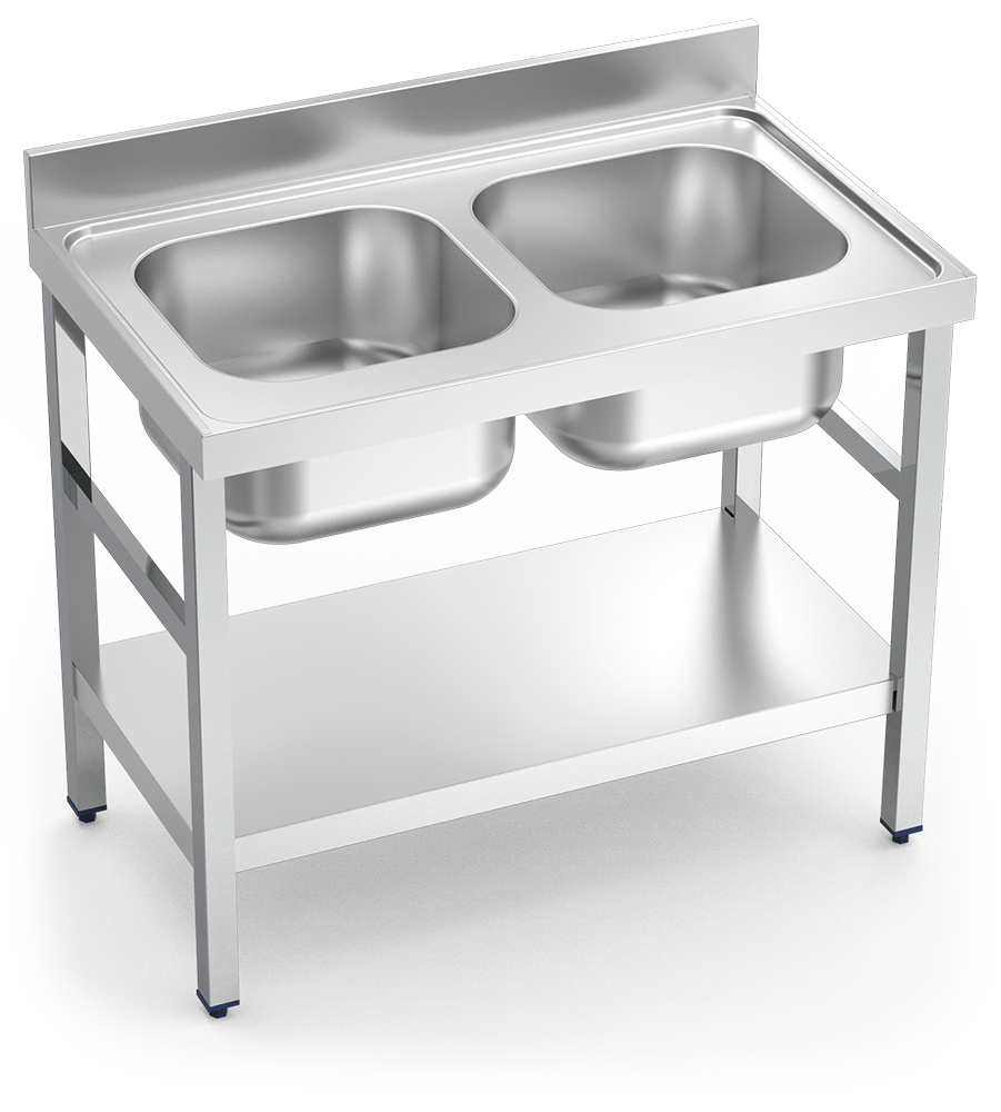 [056222] Fregadero inox con soporte con entrepaño serie 700 2 cubetas
