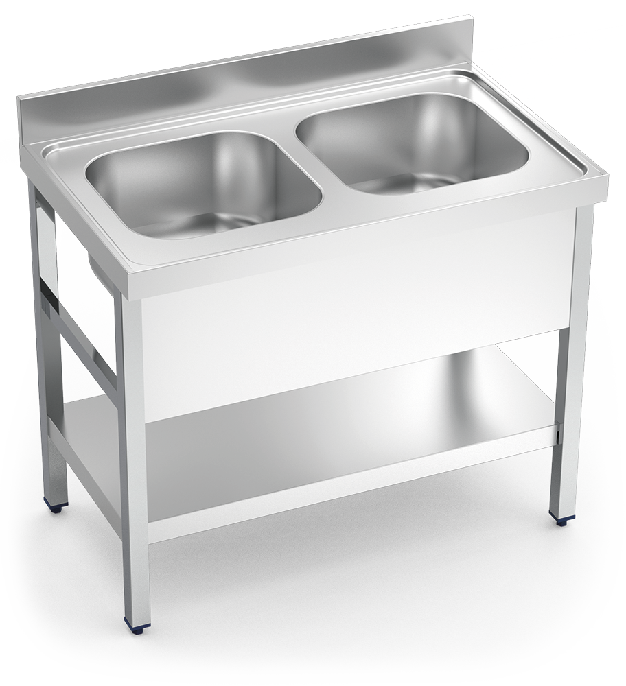 [056224] Fregadero inox con soporte con entrepaño serie 700 2 cubetas faldón completo