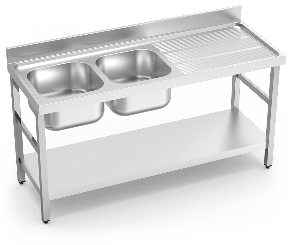 [056232] Fregadero inox con soporte con  entrepaño serie 700 2 cubetas 1 escurridor derecha