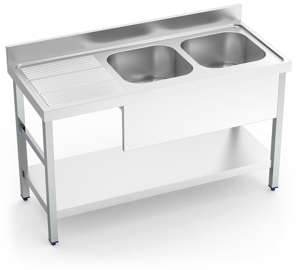 [056234] Fregadero inox con soporte con entrepaño serie 700 2 cubetas 1 escurridor izquierda faldón parcial