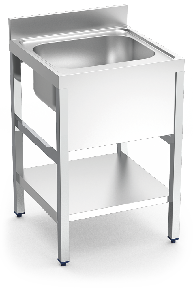 [055000] Fregadero inox con soporte con entrepaño serie 600 1 cubeta faldón completo