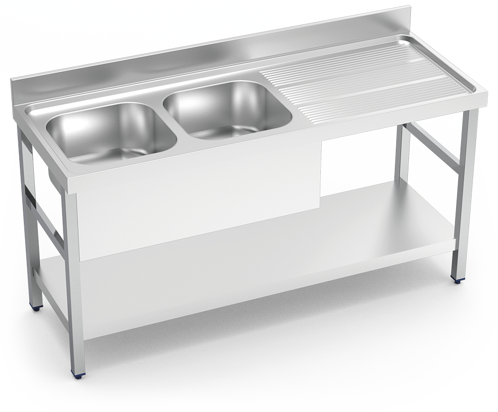 [055032] Fregadero inox con soporte con entrepaño serie 600 2 cubetas 1 escurridor derecha faldón parcial