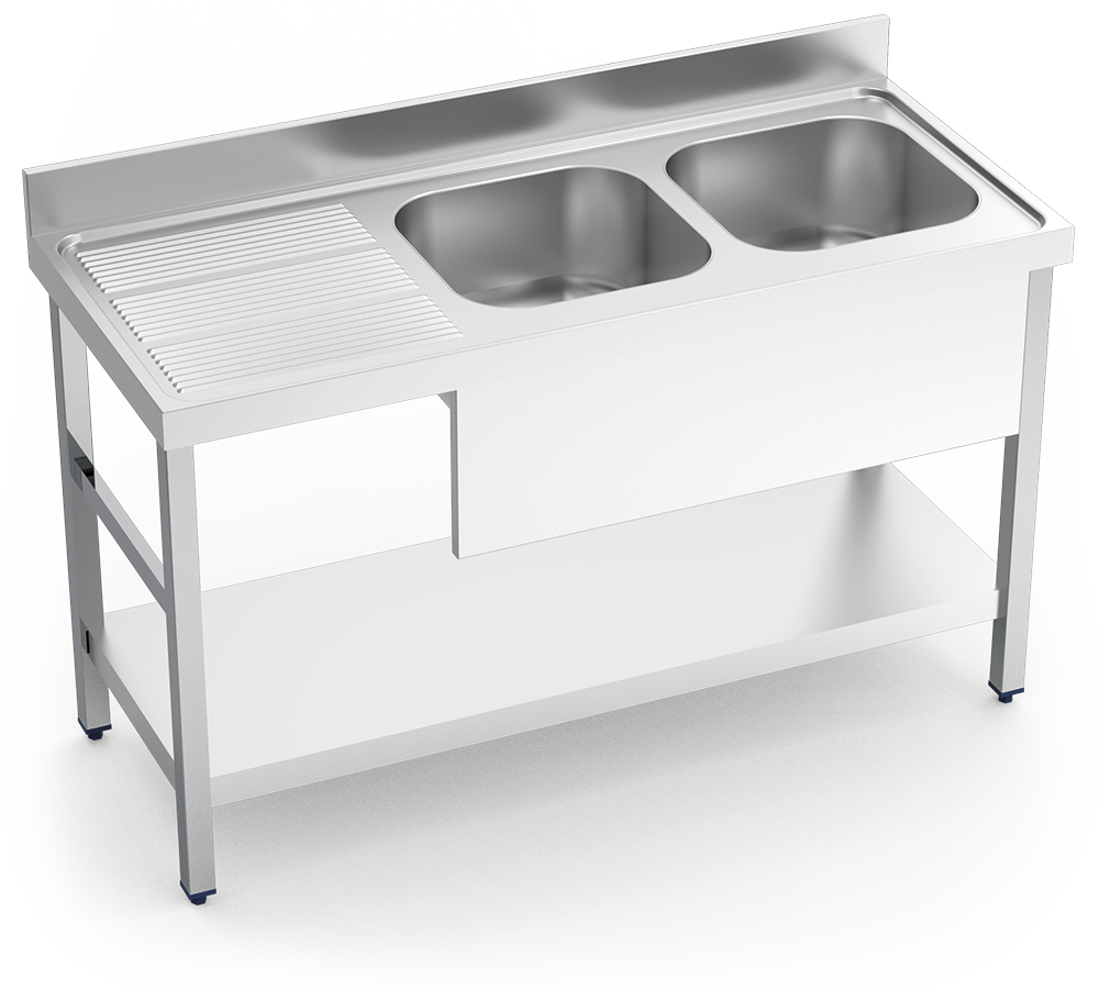 [055034] Fregadero inox con soporte con entrepaño serie 600 2 cubetas 1 escurridor izquierda faldón parcial