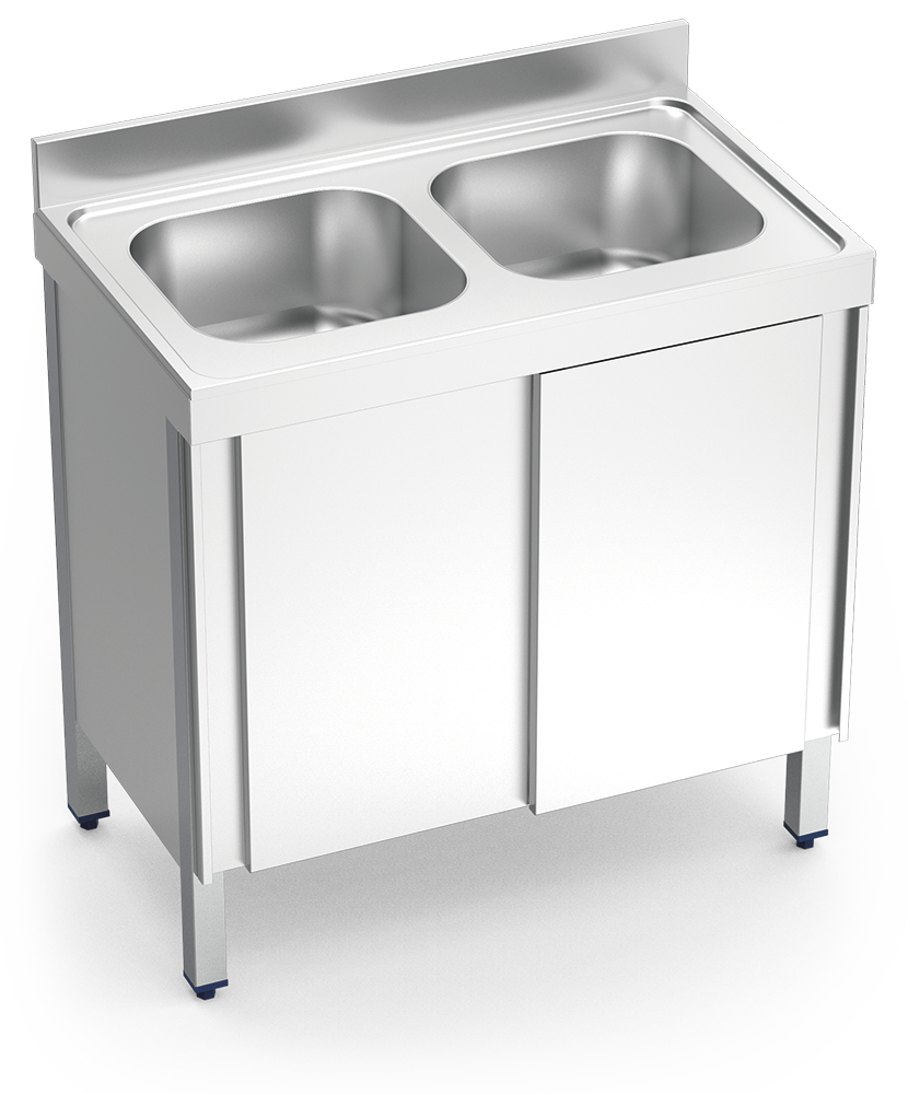 [055222] Fregadero inox con puertas correderas serie 600 2 cubetas