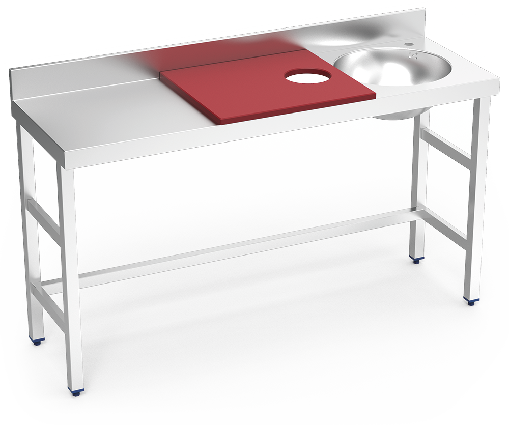 [072820] Mesa de preparació i rentada *inox 1500 mm vermella 1 forat cubeta dreta